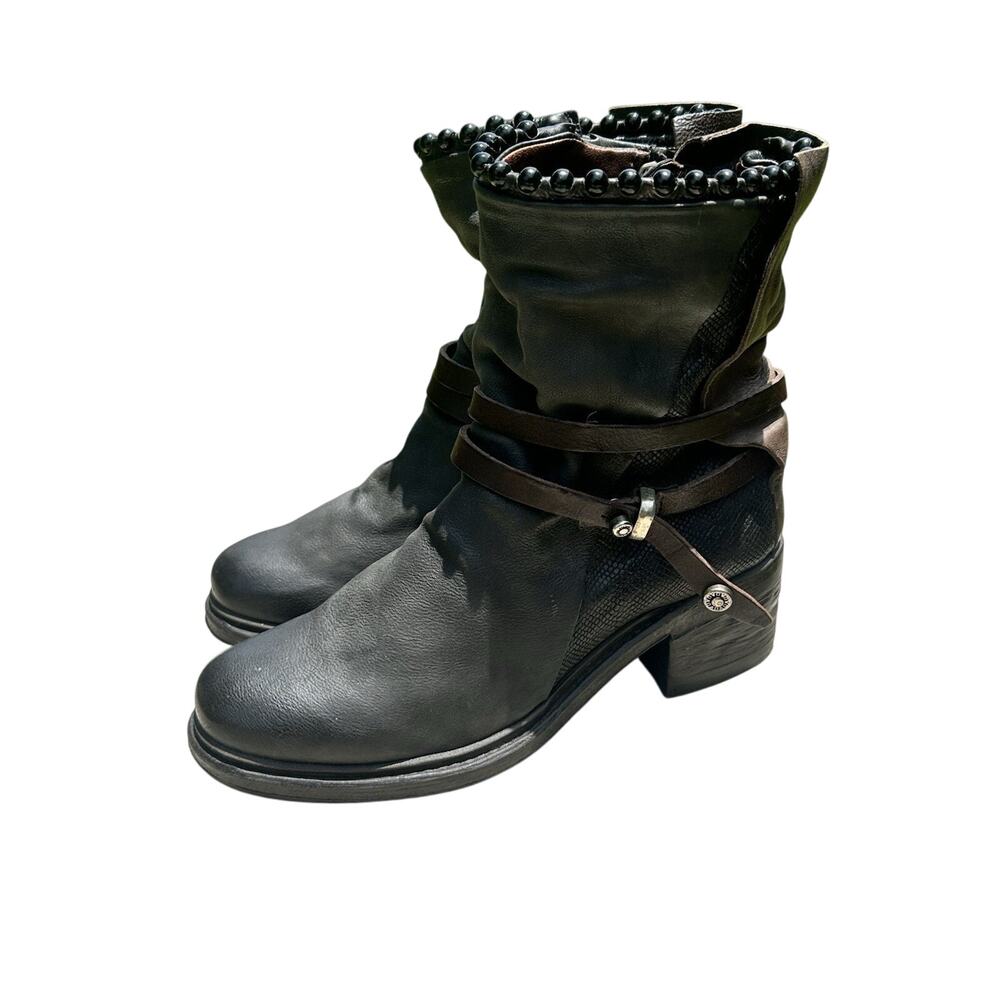 AS 98 Black/Brown Leather Mid-calf Boots Beaded Trim Buckle Strap Moto 37 6.5/7